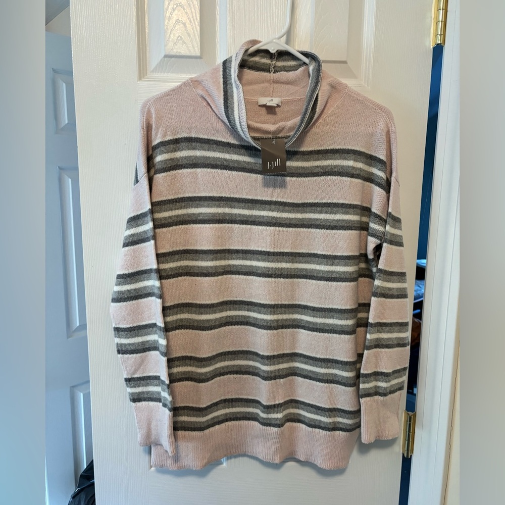 Light pink stripes grey lite weight sweater from J Jill.